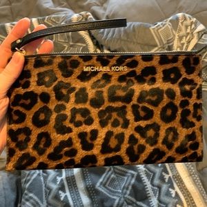 Michael Kors large leopard calf hair wristlet